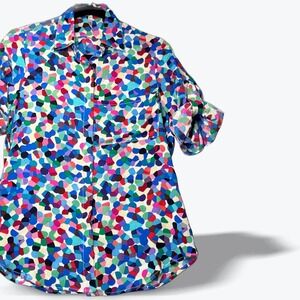 Thayer Silk Geometric Mosaic Print Blouse Roll Tab Sleeve Button Womens Small‎